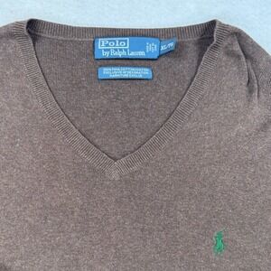 Polo Ralph Lauren Brown 100% Pima Cotton V-Neck Sweater Mens XL Green Pony Logo